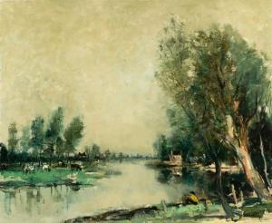 SAVERYS Albert 1886-1964,View of the river Lys with angler,1942,De Vuyst BE 2024-03-02