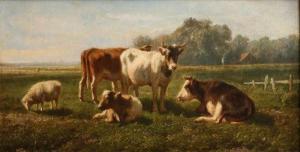 SAVRY Hendrick 1823-1907,Sunny landscape with cows, calf and sheep.,Twents Veilinghuis NL 2019-06-28