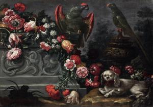 SCACCIATI Andrea I 1642-1710,Natura morta con fiori, pappagalli e cagnolino,Cambi IT 2023-06-27
