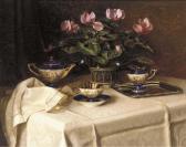 SCHÖNBRUNNER Ignaz,A tea set and a vase of cyclamens on a draped tabl,Christie's 2002-02-07