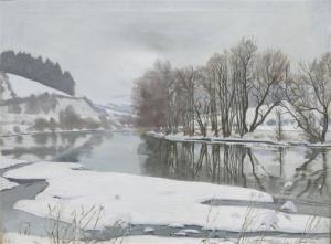 SCHÖNFELD Paul Ludwig 1882,winterliche Flusslandschaft mit Bäumen,Georg Rehm DE 2022-07-14