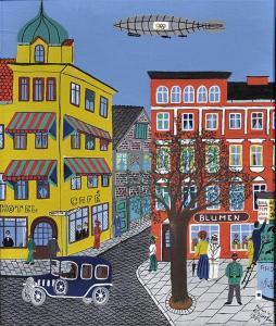 SCHÖTTLER Walter,Naive Stadtansicht mit Fahrzeugen und Personen,1974,Reiner Dannenberg 2011-03-25