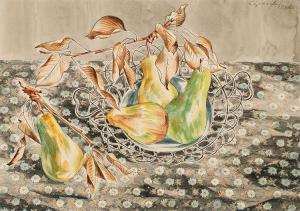 SCHAEFER Carl Fellman,Pears and Wire Basket on a Printed Cloth, Version ,1965,Heffel 2024-02-29