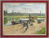 Scharfe A 1900,Elblandschaft mit Raddampfer am Kai Neoimpressionistische,Schloss DE 2019-05-12