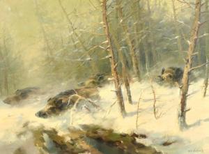 SCHATZ Manfred 1925-2004,wild boar racing through deep snow in a forest,John Nicholson GB 2022-12-21