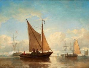 SCHAUMBURG Julius 1836-1886,Pêcheurs sur fond de flottille de deux-mâts,Horta BE 2021-09-06