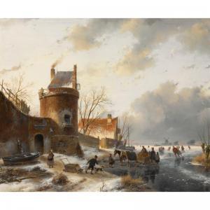 SCHELFHOUT Andreas 1787-1870,SKATERS ON A FROZEN RIVER NEAR A DONJON,1842,Sotheby's GB 2007-04-24