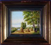 SCHELL Francis H 1832-1909,Landschaft am See mit Getreidehocken,Allgauer DE 2009-04-23