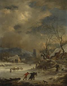 SCHELLINKS Willem 1627-1678,A WINTER LANDSCAPE WITH TRAVELLERS ANDFIGURES GATH,Sotheby's 2019-07-04