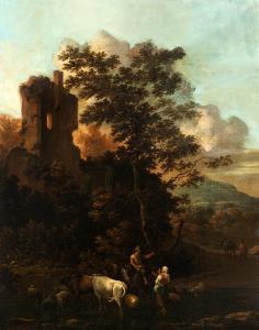 SCHELLINKS Willem 1627-1678,Arkadische Landschaft mit Hirten am Fluss,Hampel DE 2020-07-02