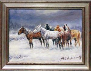 SCHELOUMOFF Afanasij Ivanovich 1892-1983,Pferdegruppe im Schnee,Reiner Dannenberg DE 2021-12-09
