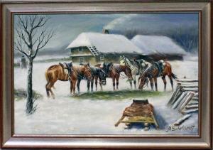 SCHELOUMOFF Afanasij Ivanovich 1892-1983,Winterlandschaft mit Pferdegruppe vor zw,Reiner Dannenberg 2021-12-09