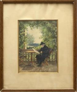 SCHENSON Hulda Maria 1847-1940,Läsande man på veranda,1879,Uppsala Auction SE 2015-04-14