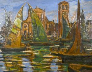 SCHERER Fritz 1877-1929,Sailboats in harbour with mountains,John Nicholson GB 2021-04-21