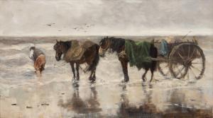 SCHERREWITZ Johan Frederik Corn 1868-1951,A shell fisher with his horses in the sur,1919,Venduehuis 2023-11-16