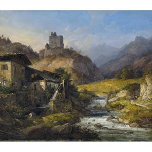 SCHEUCHZER Wilhelm Rudolf 1803-1866,Mühle mit der Burg Marmels,1842,Dobiaschofsky CH 2015-11-04