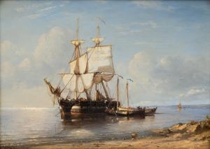 SCHIEDGES Petrus Paulus,Three fishing boats anchored in a calm sea,1856,Venduehuis 2023-11-15