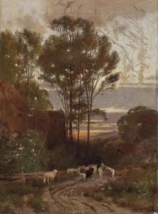 SCHIESS Traugott 1834-1869,Field path with flock of sheep,1868,Neumeister DE 2022-03-31