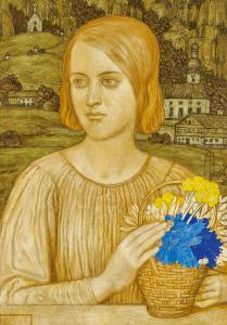 SCHIESTL Matthäus 1869-1939,Girl with Flower Basket in Front of Franconian Vil,Van Ham DE 2023-11-17