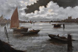 SCHILLER Francesco 1923,Continental River Landscape, with Figures in Boats,John Nicholson 2020-01-29