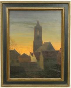 SCHILT Leendert Adriaan 1873-1935,Kerkdorp bij avondrood,Venduehuis NL 2018-02-21