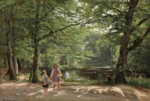 SCHIOTT August Heinrich 1823-1895,View from a forrest with two children walking on ,Bruun Rasmussen 2023-09-04