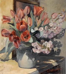SCHLAGETER Eduardo 1893,Stillleben mit roten Tulpen in Blumentopf.,Dobiaschofsky CH 2008-05-21