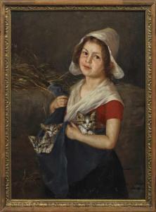 SCHLEGEL Karl A 1800-1900,Bauernmädchen mit Katzen Halbfiguriges,Schloss DE 2020-11-28