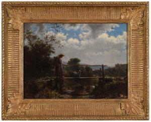 SCHLESINGER Carl 1825-1893,Girl Crossing a Bridge with Dog,1866,Brunk Auctions US 2018-11-17