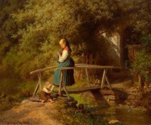 SCHLESINGER Carl 1825-1893,Knitting mother with her child on a bridge,1859,Galerie Koller 2021-10-01