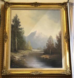 翌日発送オーストリアの画家　Karl Schmidbauer カールシュミットバウアー　F30号　肉筆　風景画　/　油彩　湖畔　　アカデミック 自然、風景画