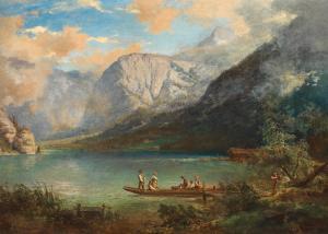 SCHMIDT Hermann 1819-1903,A boat on Lake Hallstatt,1871,Palais Dorotheum AT 2023-09-07