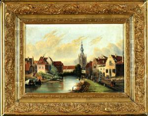 SCHMITT 1900-1900,Ansicht einer holländischen Stadt am Fluß mit Personen,1890,Allgauer DE 2016-11-10