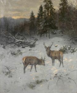 SCHMITZBERGER Josef,Deer at the edge of a snowcovered forest at dawn,Bruun Rasmussen 2024-03-25