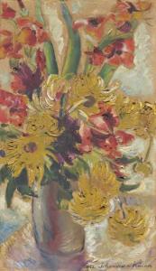 SCHNEIDER KAINER Lene,Stilleben mit roten Gladiolen und gelben Chrysanth,Galerie Bassenge 2019-11-30