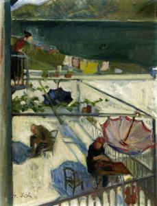 SCHOELLHORN Hans 1892-1982,Schirmflicker auf Terrasse über dem Luganersee,Zofingen CH 2017-11-30