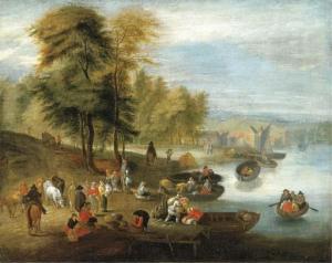 SCHOEVAERDTS Mathys 1665-1703,A river estuary with peasants loading barges,Christie's GB 2005-09-30