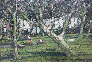 SCHOFIELD Kershaw 1872-1941,Chickens Feeding Amongst Trees,Duggleby Stephenson (of York) 2024-04-12