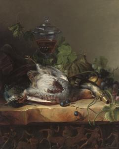SCHOLTEN Petrus Nicolas,Dead game, grapes, melon and a glass of wine on a ,Christie's 2008-05-08