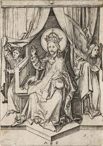 SCHONGAUER Martin 1430-1491,Christ Enthroned, with two Angels,1475-80,Swann Galleries US 2024-04-18