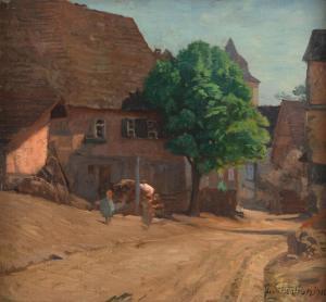SCHONLEBER Gustav 1851-1917,Street in Sersheim with view to a tree and the ste,1910,Nagel 2023-11-08