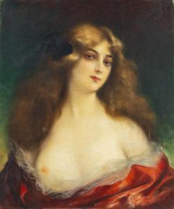 SCHOTT Max 1860,Portrait de femme à la robe rouge partiellement dénudée,Dogny Auction CH 2023-02-07