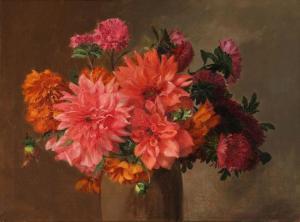 SCHOU Peter Johan 1863-1934,Still life with dahlias in a vase,1926,Bruun Rasmussen DK 2021-03-29