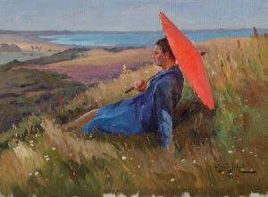 SCHOU Sigurd Solver,Landscape with a woman unbder a parasol,1929,Bruun Rasmussen 2023-02-13