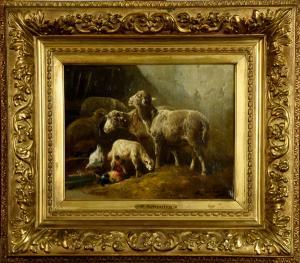 SCHOUTEN Henry 1857-1927,Moutons et Coq dans l'Etable,Galerie Moderne BE 2024-02-19