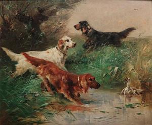 SCHOUTEN Henry 1857-1927,Trois chiens de chasse et canard près du ruisseau,Campo & Campo 2017-05-23