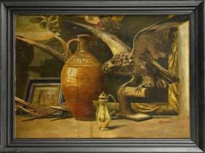Schouten W,Still life with painting and bird of prey,1900,Twents Veilinghuis NL 2017-10-13