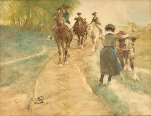 SCHREUER Wilhelm 1866-1933,Vier Reiter und Bäuerin mit Kuh in Entelandschaft.,Zeller DE 2024-04-04