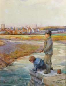 SCHRODER H 1800-1900,A River Landscape, with Two Young Boys Fishing,John Nicholson GB 2017-02-01