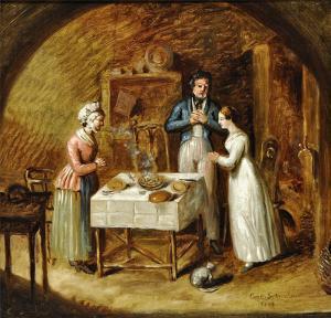 SCHROETER Constantin 1795-1835,Stubeninterieur: Küchenmagd bittet Herrn und ,1827,Reiner Dannenberg 2011-09-16